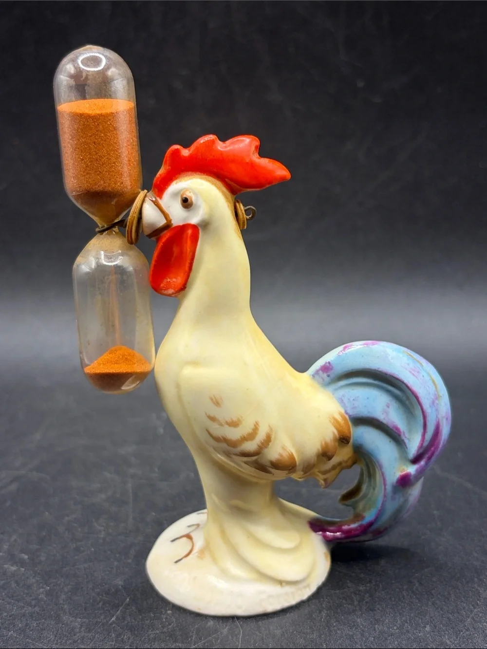 Vintage Hand Painted Chicken Rooster Ceramic & Glass Hourglass Time Keeper Decor